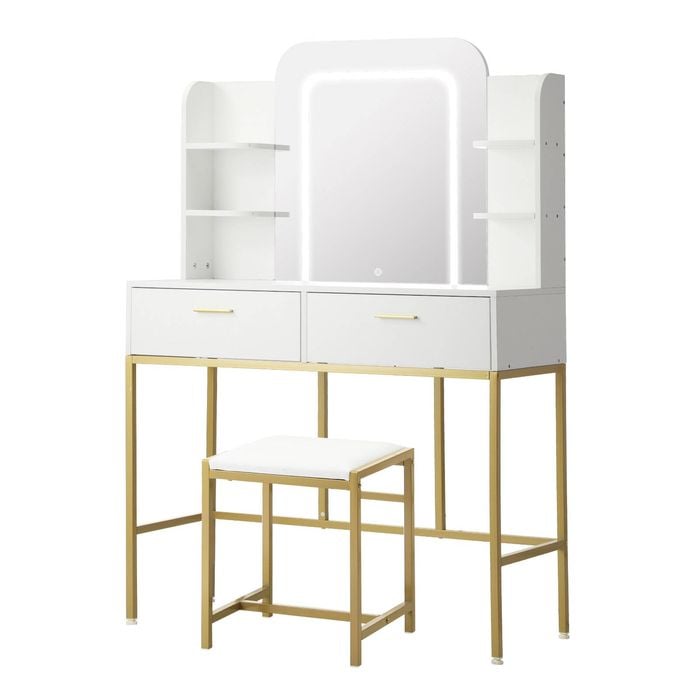 Oikiture Dressing Table Stool Set Makeup LED Mirror Vanity Iron Desk White Gold