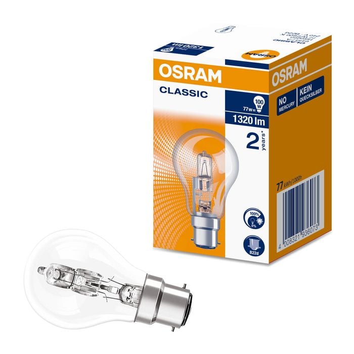 Osram 77W Warm White Clear Classic A Shape Round Halogen B22 Light Globe