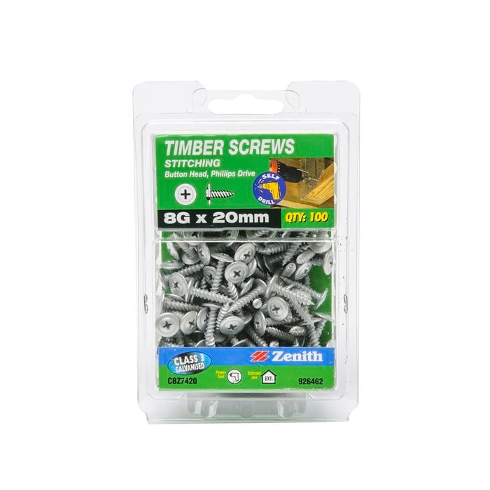 Zenith 8 - 15 x 20mm Galvanised Button Head Stitching Timber Screws - 100 Pack