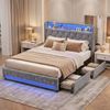 Ufurniture Upholstered Bed Frame Luxury Crystal Button Tufted Headboard with LED Lights and Storage Drawer Double Bed Grey