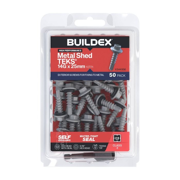 Buildex 14G x 25mm Class 3 Galvanised Shed TEKS Screws With Seal - 50 Pack