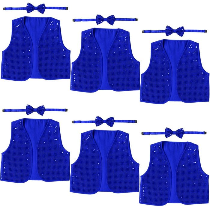 6x Kids Sequin Vest Bow Tie Set Costume 80s Party Dress Up Waistcoat Blue