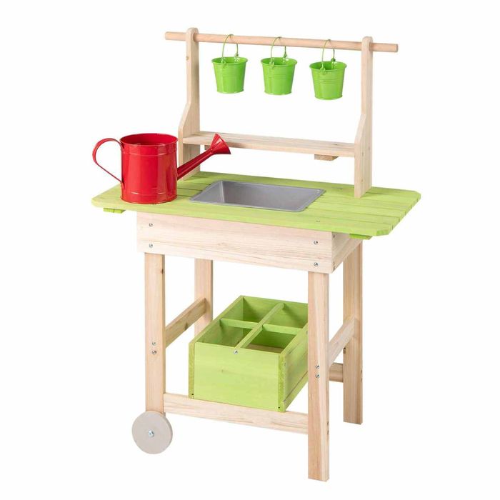 Costway Mobile Mud Kitchen Wood Pretend Play Pots Watering Can Wheel
