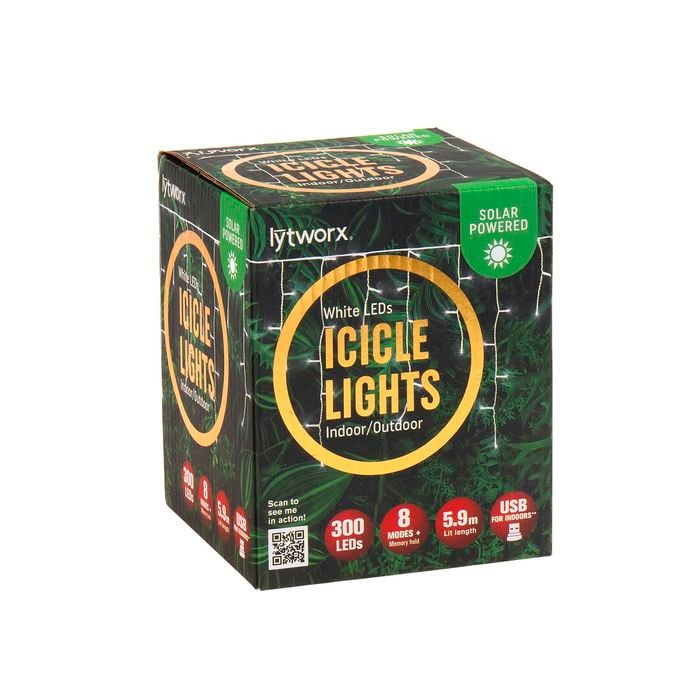 Lytworx White Solar/USB Icicle Lights - 300 Pack