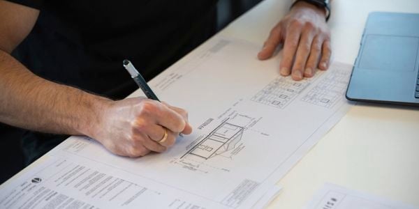 A  line drawing of  building plans