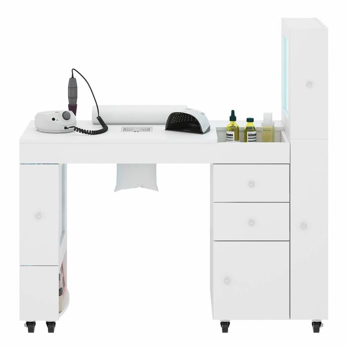 Ufurniture Manicure Table Acetone Resistant with Dust Collector Clear Showcase LED Light Rolling Wheels White