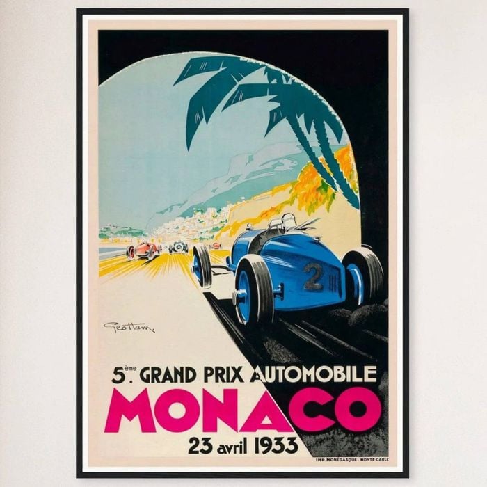 Galrie Monaco Grand Prix 1933 Vintage Racing Poster - Perfect for Home Decor, Black Frame, 50 x 70cm (20 x 28inch)