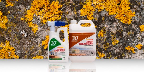 Two bottles of 30 second cleaning spray in front of a wall with lichen moss on it.