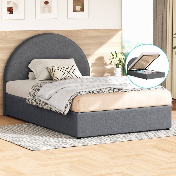 Alfordson Bed Frame Single Size Arched Base Gas Lift Storage Fabric Grey Hoult