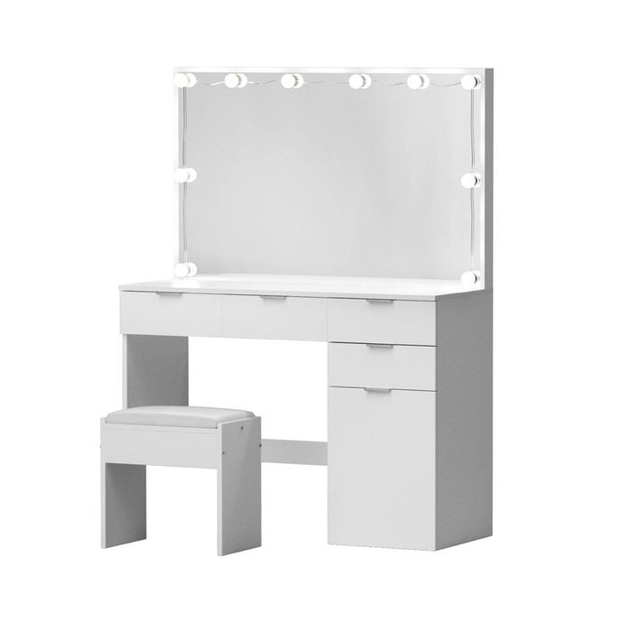 Vanity Desk with Mirror and Stool, Wooden Dressing Table Set with 5 Drawers, 3 Color LED Bulbs Makeup Table for Bedroom, White