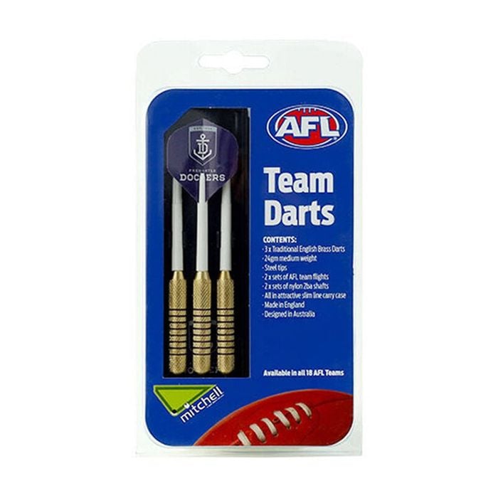 3pc AFL Brass Darts Fremantle Dockers Team Design Flights & Shafts In Case
