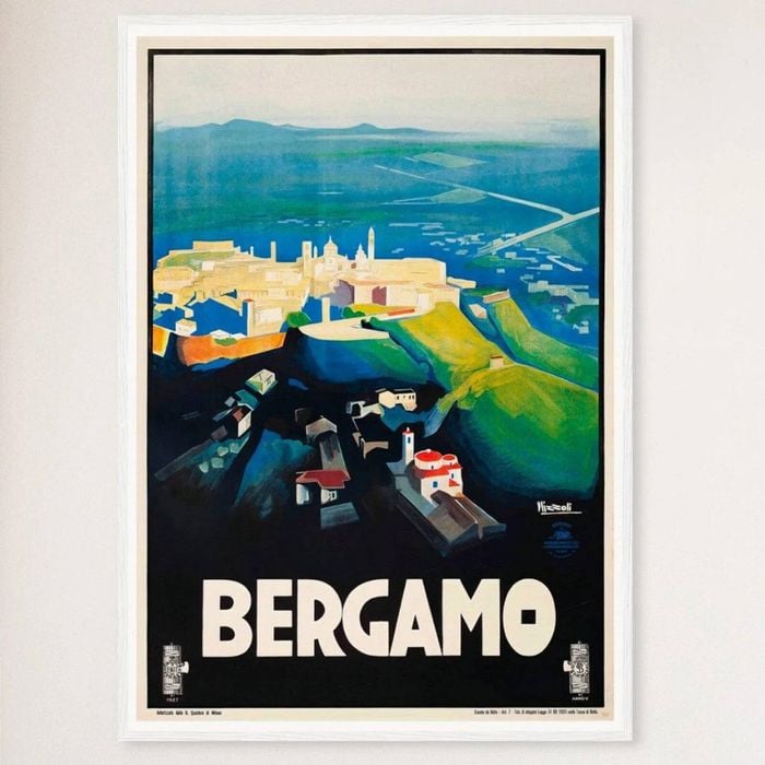 Galrie Stunning Vintage Italian Travel Poster of Bergamo, Lombardy Italy Art Décor, White Frame, A4 21 x 30cm (8 x 12inch)