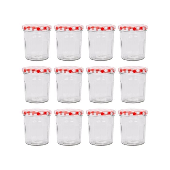Argon Tableware 250ml Glass Jam Jars With Airtight Red Gingham Lids - Set Of 12 Empty Screw Top Kitchen Storage Preserving Jar