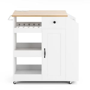 Ufurniture Rolling Kitchen Island Cart with Charging Station, Adjustable Shelves & Wine Rack, White