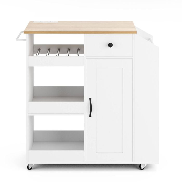 Ufurniture Rolling Kitchen Island Cart with Charging Station, Adjustable Shelves & Wine Rack, White