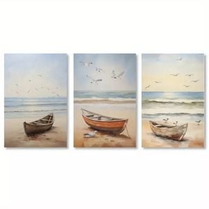 3pcs Beach Boat Print 100% Australian Made 3 x 40x60cm  (Stretched)