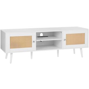 P&P White Rattan TV Stand 65 Inch Entertainment Unit with Power Outlet Storage