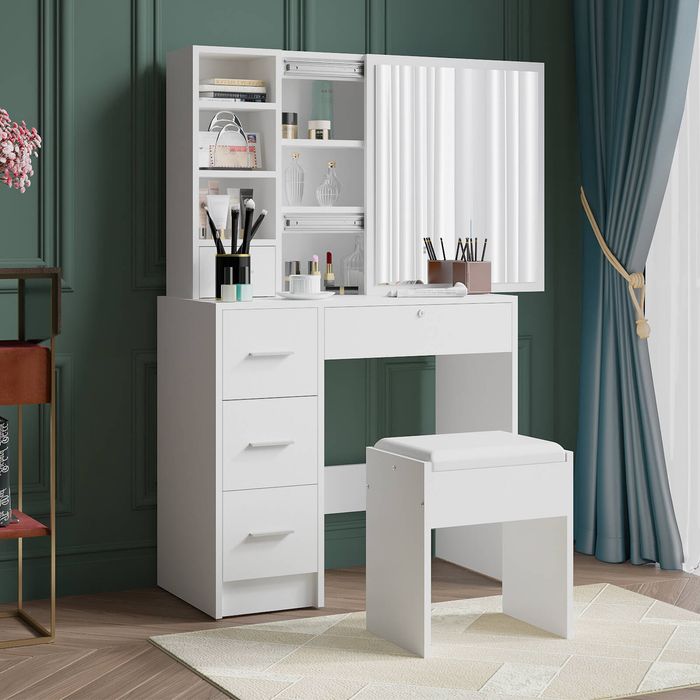 Ufurniture Dressing Table Set with Slide Mirror and Stool White