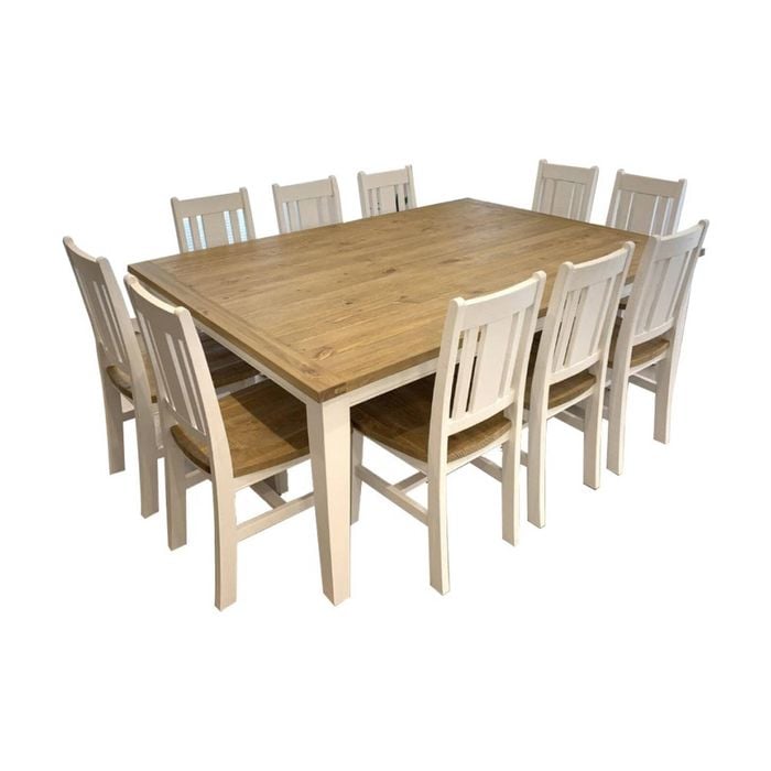 Leura Belle Large Rustic 10 Seater Dining Table And Chairs Setting - Distressed White Honey top