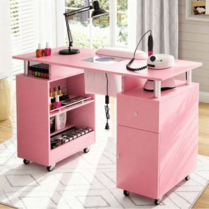 Ufurniture Nail Desk, Manicure Table w/Dust Collector Wrist Rest Lockable Wheels Adjustable Shelf Pink
