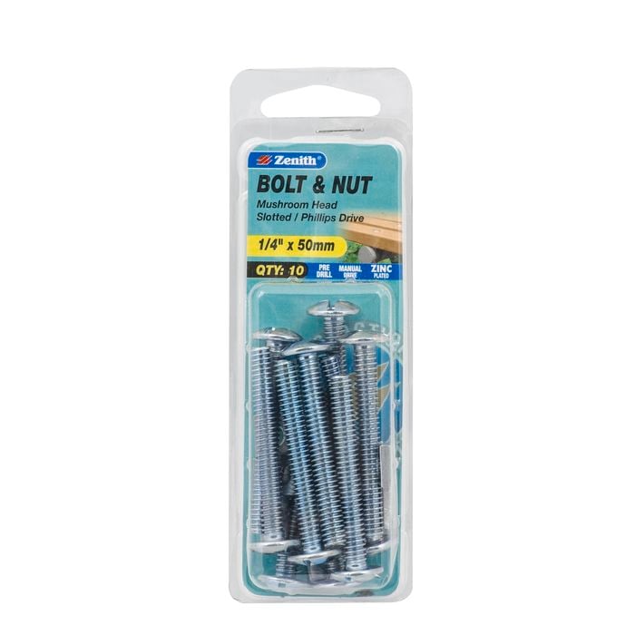Zenith 1/4" x 50mm Zinc Plated Mushroom Head Bolt And Nut - 10 Pack