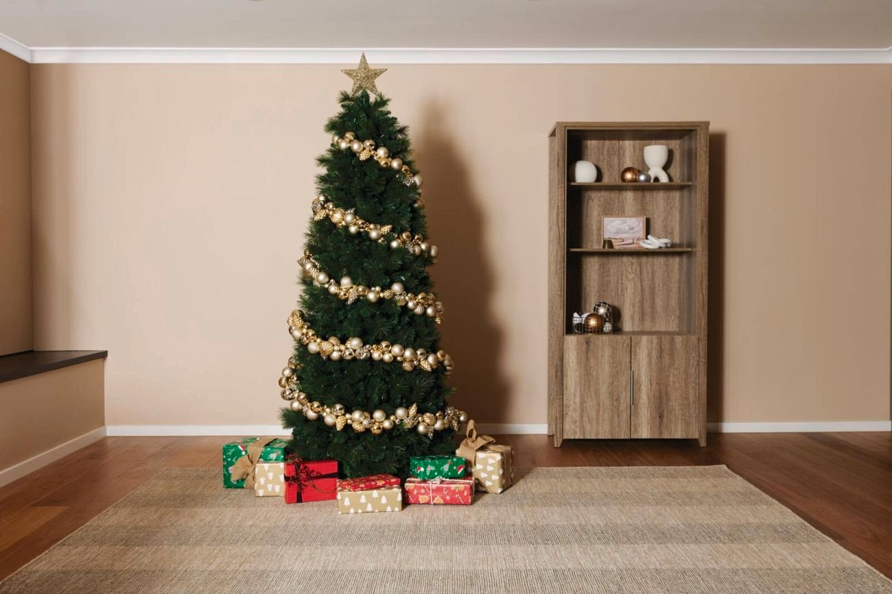 Green Xmas trees with gold decorations, star and presents around the base.