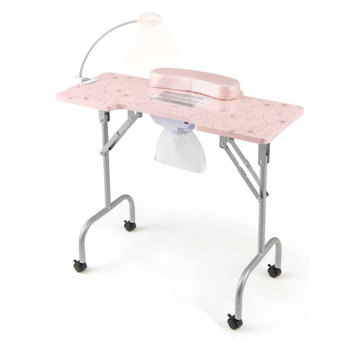 Costway Folding Manicure Nail Table Portable Nail Tech Desk w/LED Lamp & Client Wrist Pad-Pink