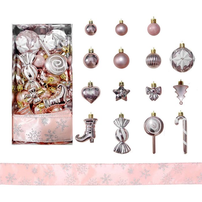 Catzon 30 Pcs Christmas Ball Including Candy Cane Bow Star Hanging Ornaments for Xmas-Rose Gold