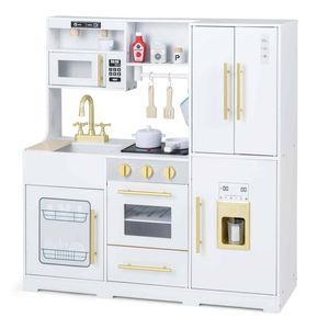 Costway Wooden Play Kitchen Pretend Cabinet Ice Maker Refrigerator-White