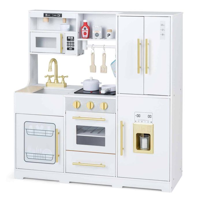 Costway Wooden Play Kitchen Pretend Cabinet Ice Maker Refrigerator-White
