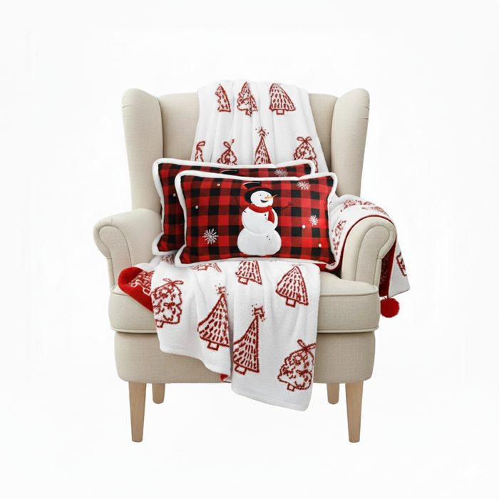 SOGA Christmas Bundle – 2 Red Snowman Lumbar Pillow & Red Christmas Tree Fleece Throw Blanket