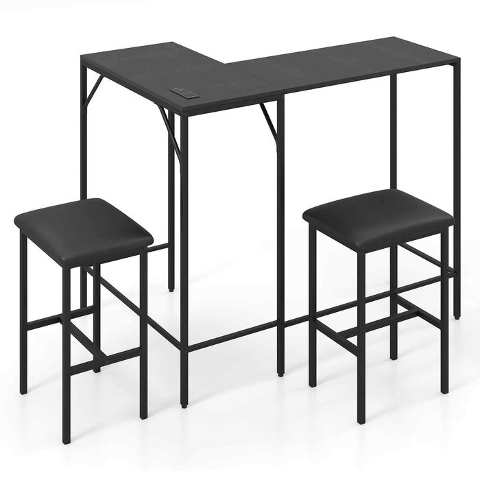 Costway 3Piece Bar Table Chair Convertible L Dining Outlets-Black