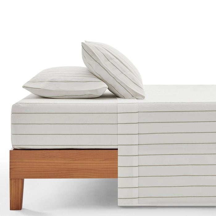 Dreamaker Rumi Washed Cotton Sheet Set White With Olive Stripe Double Bed