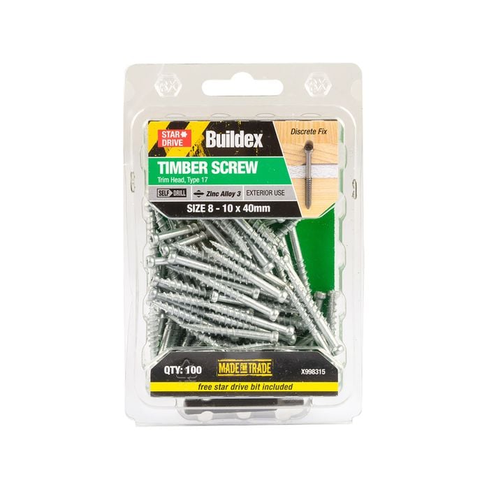 Buildex 8G x 40mm Zinc Alloy 3 Trim Head Timber Screw - 100 Pack