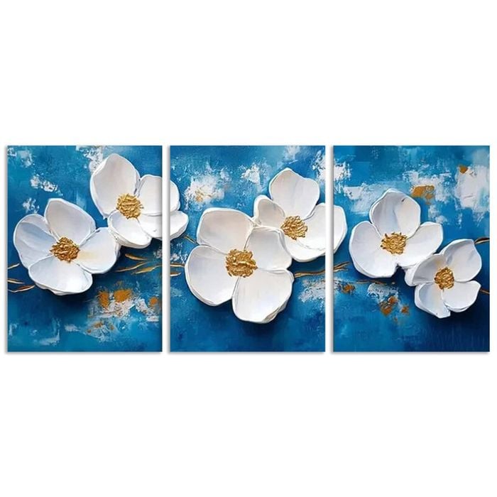 3pcs White flowers on a blue background Print 100% Australian Made 3 x 40x60cm (Metal Print)