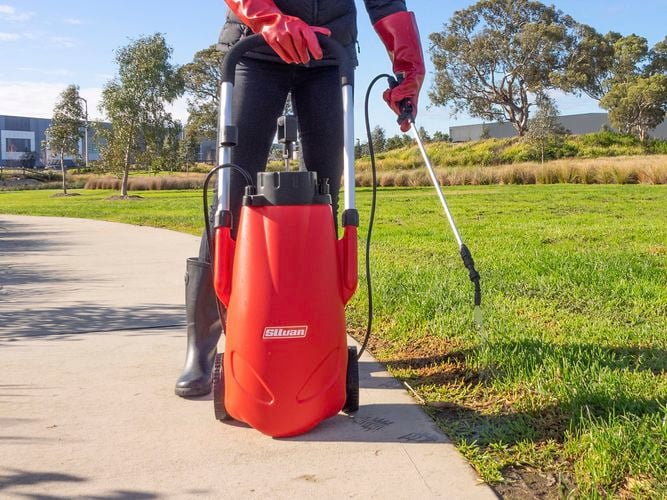 Trolley sprayer in focus being used to spray a pathway