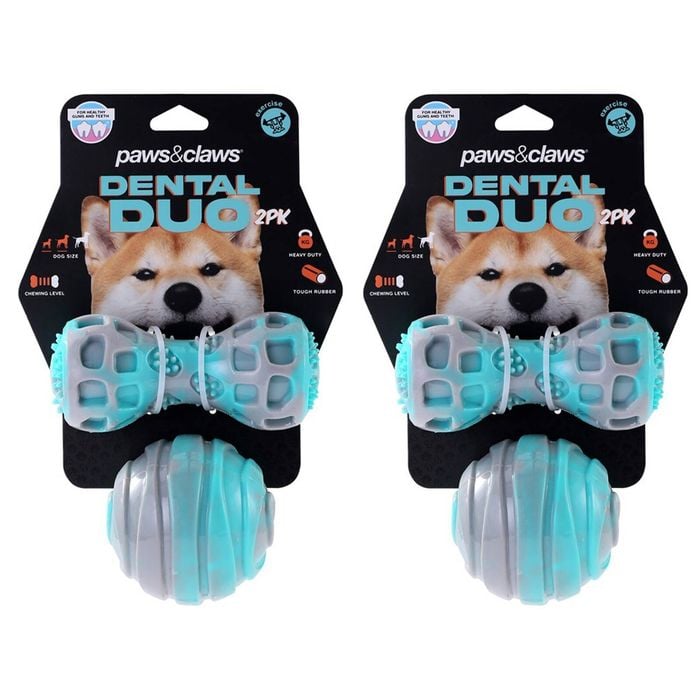 4pc Paws & Claws Dental Duo Pet Dog TPR Ball & Baton Blue