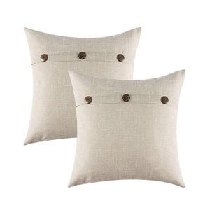 Catzon 2 Pcs Decorative Linen Throw Pillow Covers Triple Button for Sofa Bed-Grey White
