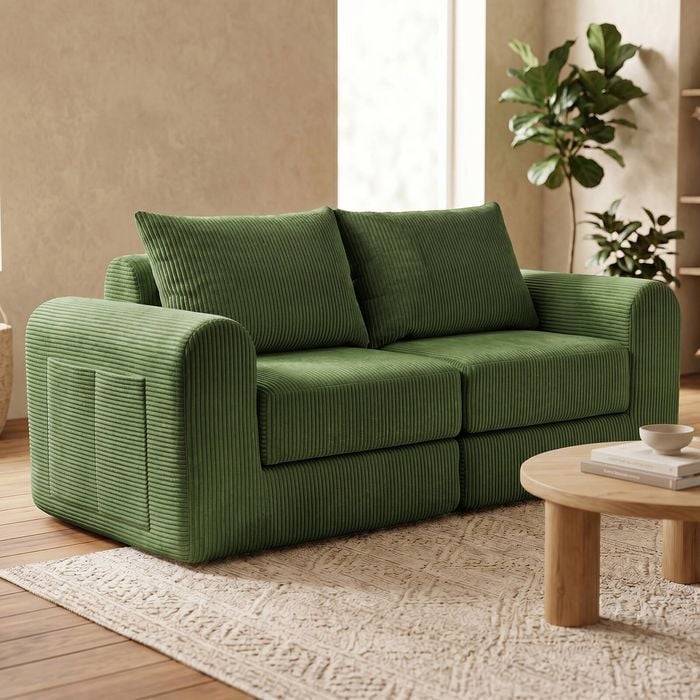 Advwin 172cm 2 Seater Sofa 3 in 1 Modular  Corduroy Floor Lounger Boneless Cloud Couch No Assembly Green