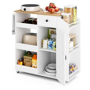 Ufurniture Rolling Kitchen Island Cart with Charging Station, Adjustable Shelves & Wine Rack, White