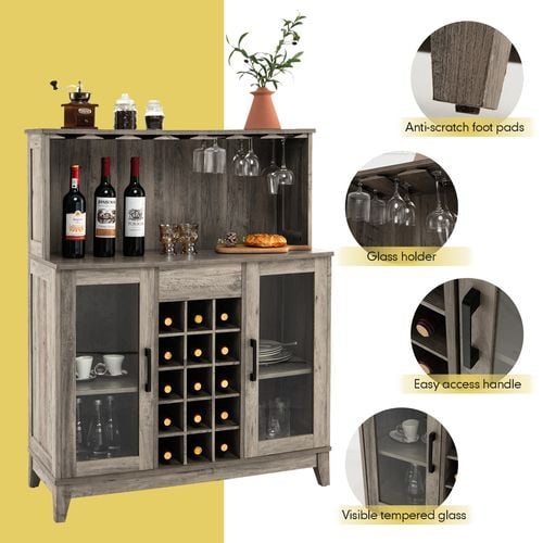 Costway Buffet Bar Cabinet 2 Door Storage Sideboard Wine Rack Glass Holder Wood