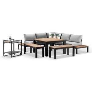 Nova Outdoor Aluminium Lounge & Dining Setting W/ Bar Cart - Light Grey