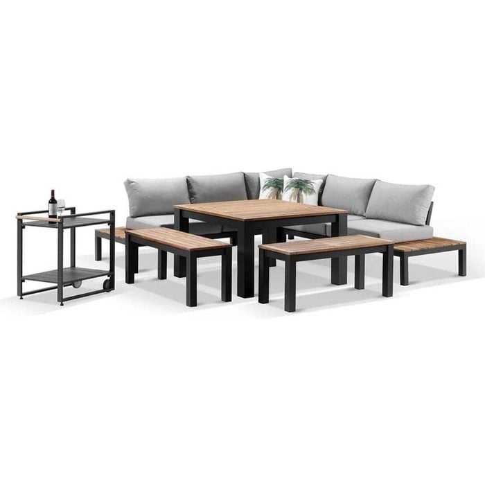 Nova Outdoor Aluminium Lounge & Dining Setting W/ Bar Cart - Light Grey