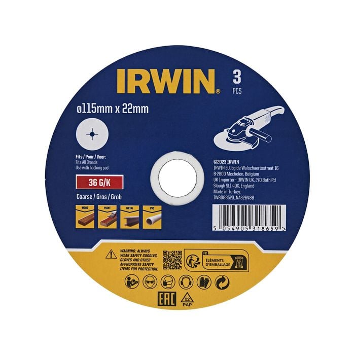 IRWIN 115mm 36 Grit Fibre Sanding Disc - 3 Pack