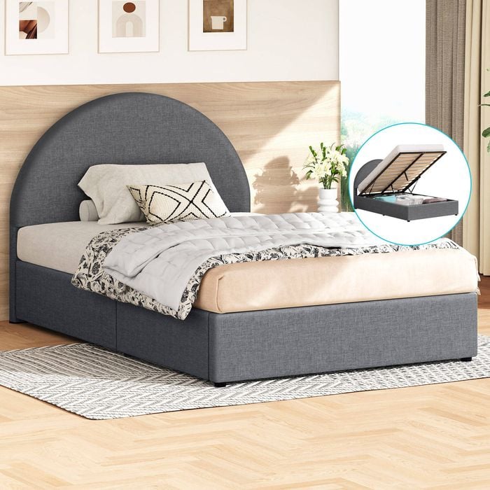 Alfordson Bed Frame King Single Arched Base Gas Lift Storage Fabric Grey Hoult