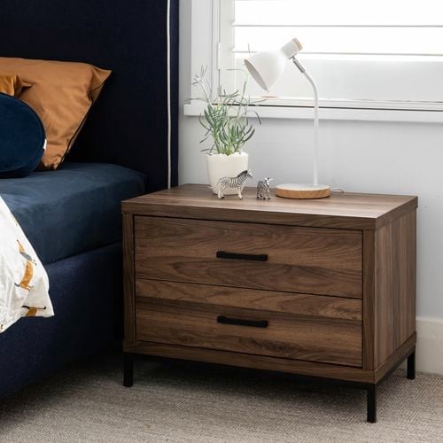 Groove Walnut Aubrey Bedside Table in bedroom setting add texture and warmth to your space