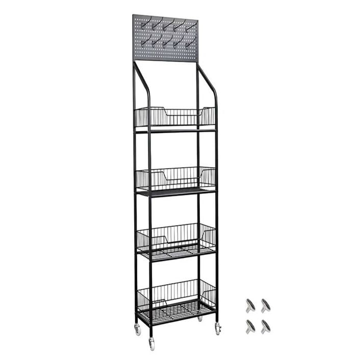 P&p Black Metal 4 Tier Display Rack Storage Shelf With Hooks Wheels Commercial Organizer