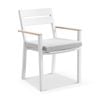Capri Outdoor Aluminium Dining Chair White With Teak Timber Arm Rests & Textured Olefin Grey Cushions