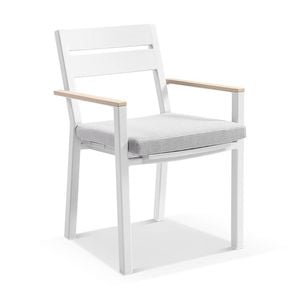 Capri Outdoor Aluminium Dining Chair White With Teak Timber Arm Rests & Textured Olefin Grey Cushions
