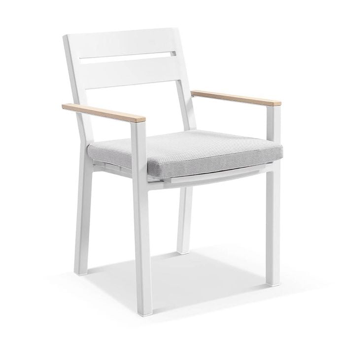 Capri Outdoor Aluminium Dining Chair White With Teak Timber Arm Rests & Textured Olefin Grey Cushions